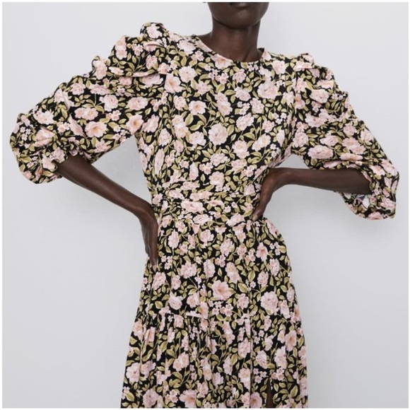 ZARA NWOT Puff Sleeves Floral Print Mini Dress Open Back, Size L - Picture 5 of 14